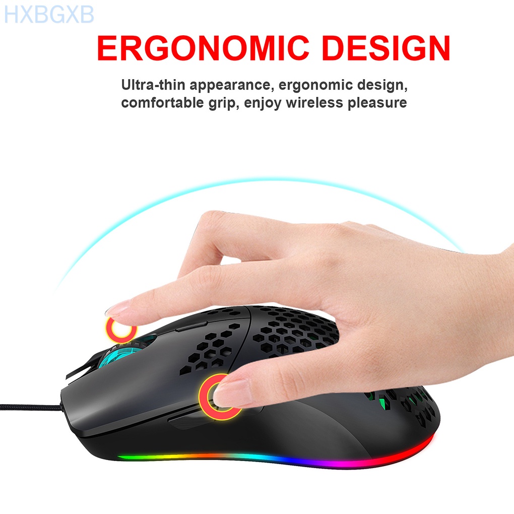 HXBG Gaming Mouse USB Wired 6400DPI Honeycomb LED Backlight Computer Mouse Desktop Accessory, Black