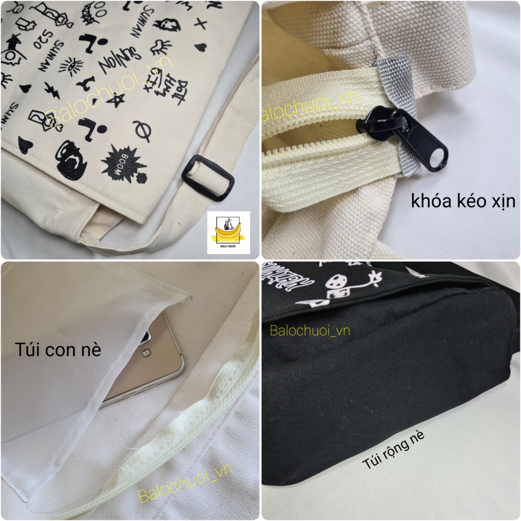 TÚI TOTE ĐEO CHÉO NAM NỮ SUNIAN UNISEX ĐỰNG VỪA A4 ĐI HỌC ĐI CHƠI HÀN QUỐC