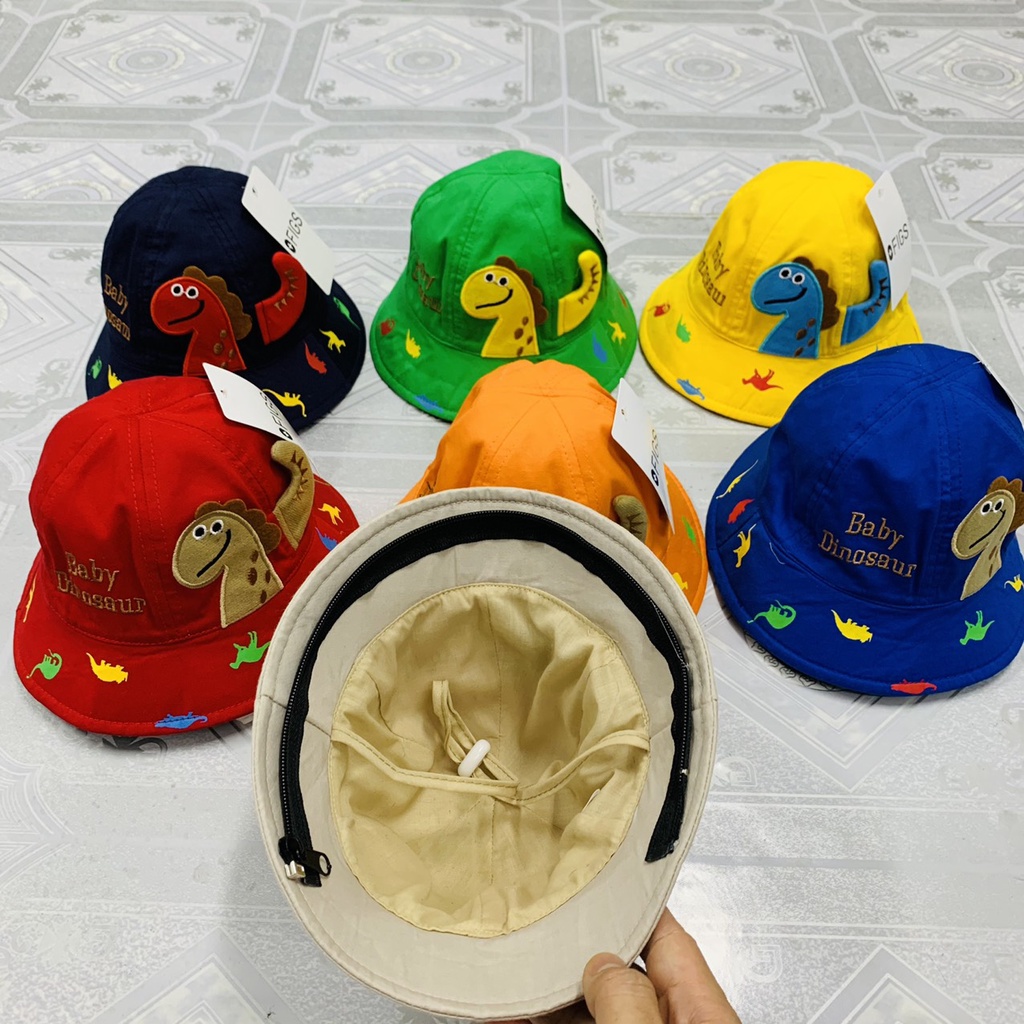 Mũ Bucket Cho Bé Dưới 2 Tuổi Baby Dinosaur Có Kính Chắn Giọt Bắn, Che Bụi, Chắn Gió Chất Vải Cotton Mềm Mịn Kèm Quai Đeo