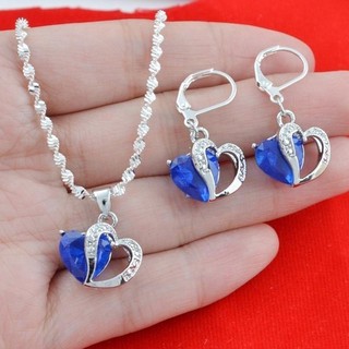 Set mặt dây chuyền + khuyên tai bạc mặt hình trái tim đính đá màu lam thời trang