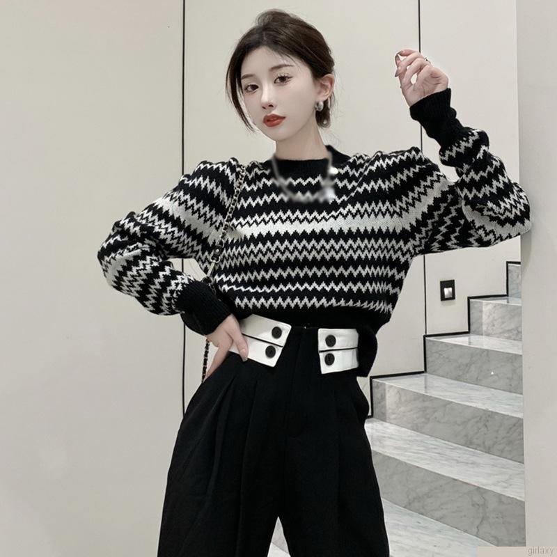 Áo sweater dệt kim cổ tròn tay dài kẻ sọc thoáng khí thoải mái thời trang Hàn Quốc cho nữ
