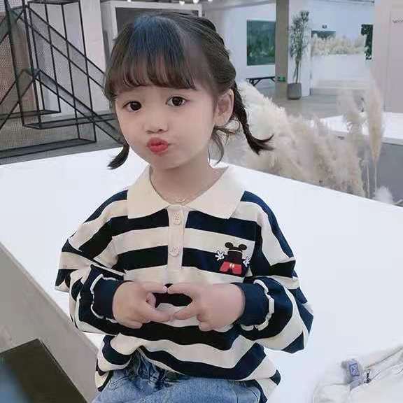 [Babycat] Hàng Có Sẵn Áo Thun polo Tay Dài Kẻ Sọc Phong Cách Nhật Bản Hàn Quốc Cho Bé Gái