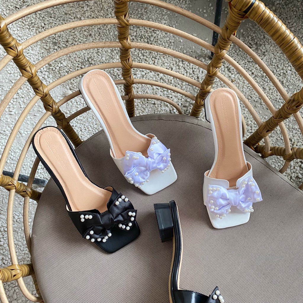 Dép quai ngang nữ gắn nơ lụa đính hạt ngọc gót vuông cao 3p, guốc quai ngang nữ bản to thắt nơ tiểu thư [m80]