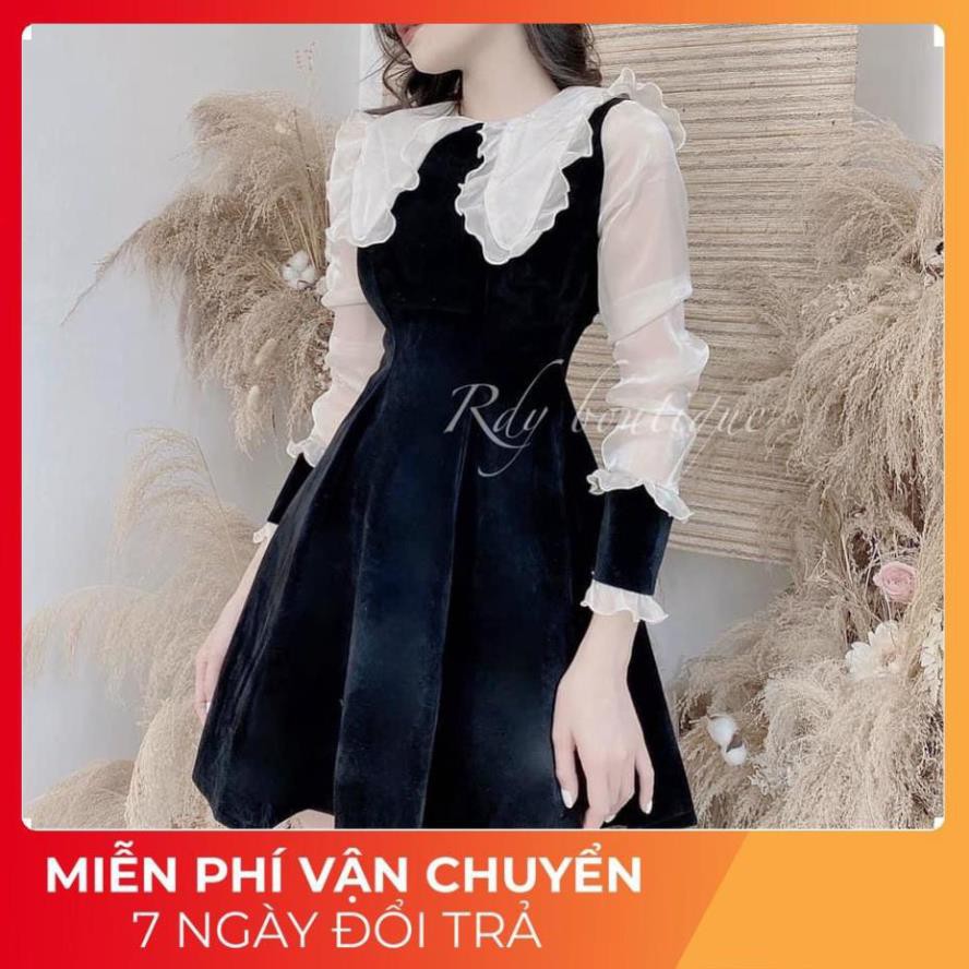 Váy nhung xòe cổ bèo phối tay xinh xắn