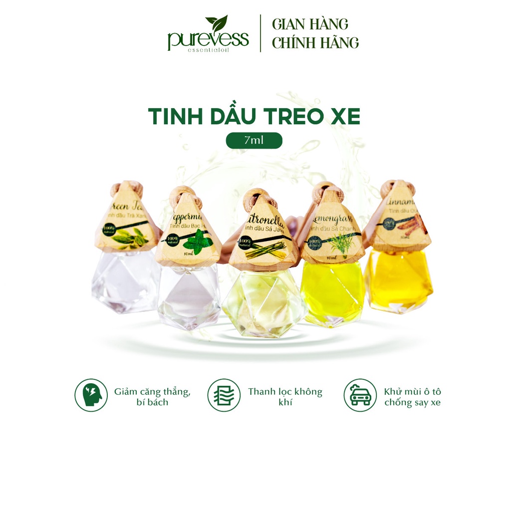 Tinh dầu treo xe ô tô Purevess - giúp khử mùi xe hơi, làm thơm phòng, thư giãn, đuổi muỗi 7ml (8 mùi chọn lựa)