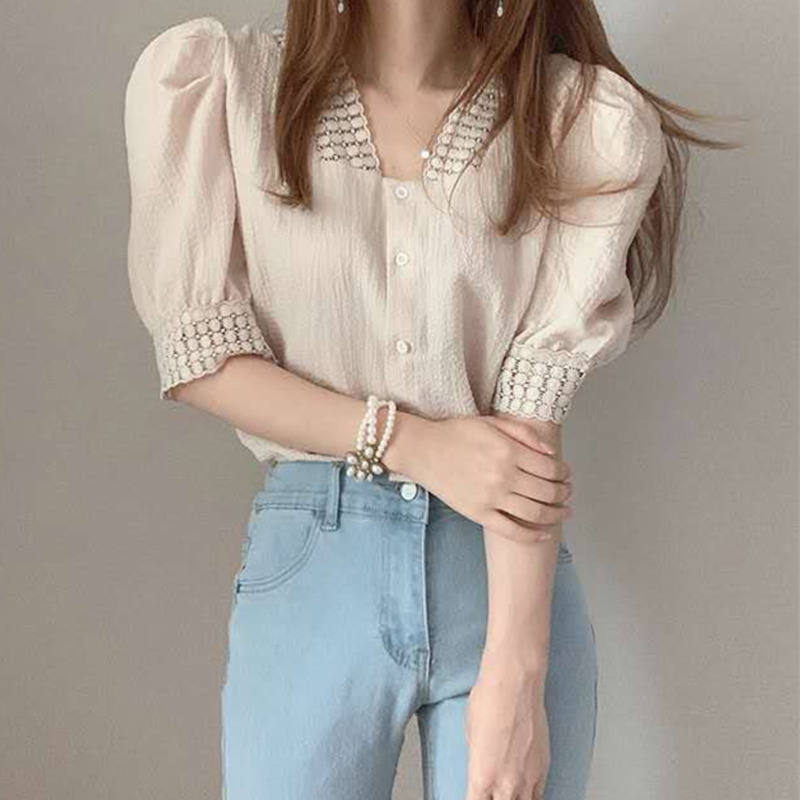 Áo Sơ Mi Nữ Tay Ngắn Cổ Chữ V Phong Cách Hàn Quốc