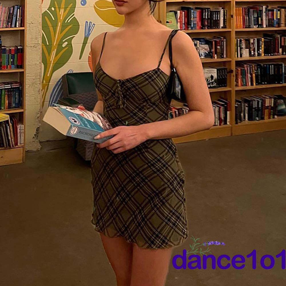✲EB✰Y2K Retro Plaid Print Mini Dress 90S 00S Aesthetic streetwear