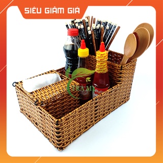 Khay nhựa giả mây tre đan đựng đũa muỗng thìa khăn giấy gia vị bàn quán ăn gia đình - Mây Tre Trà My