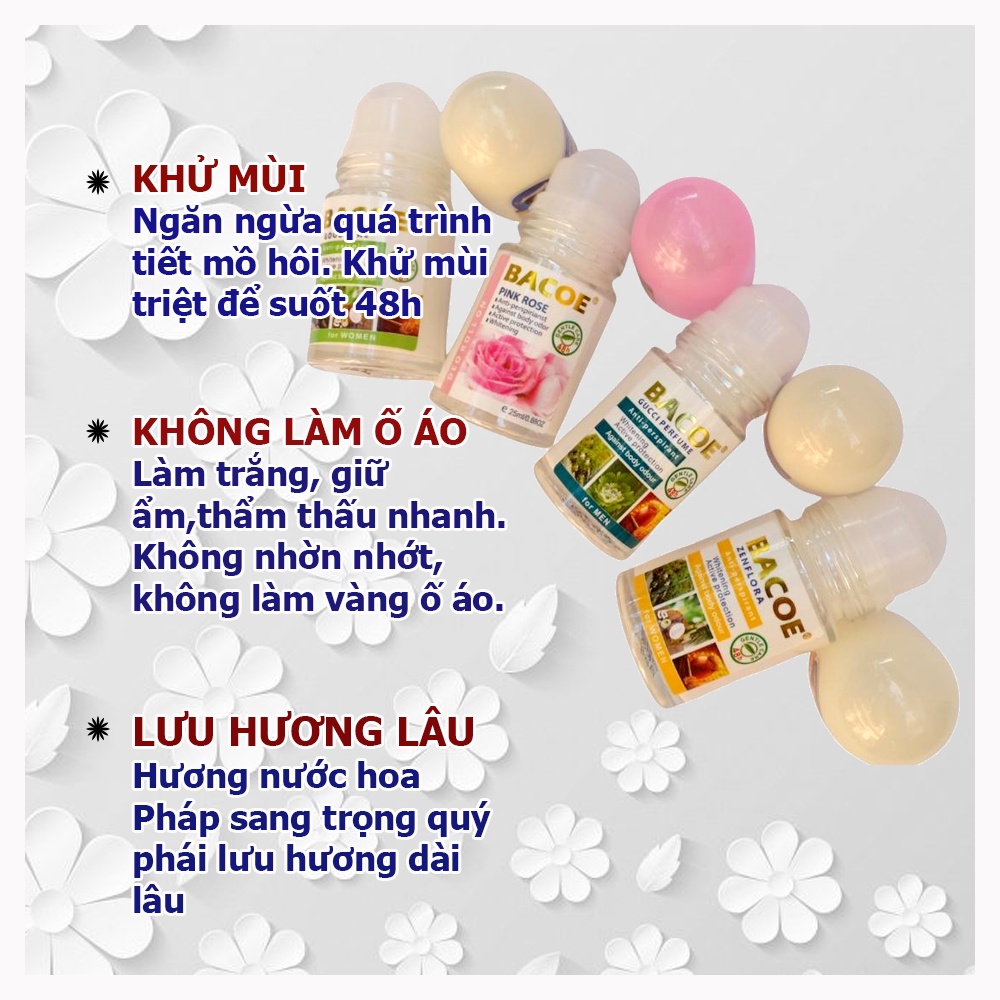 Lăn khử mùi nam nữ 48h trắng da ngừa thâm nách hương nước hoa Pháp BACOE
