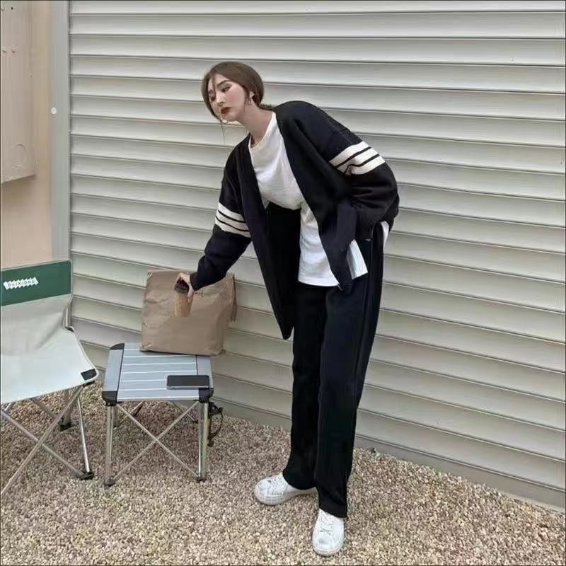Áo Khoác cardigan Cổ Chữ v Họa Tiết Kẻ Sọc Thời Trang Thu Đông Hàn Quốc Cho Nữ