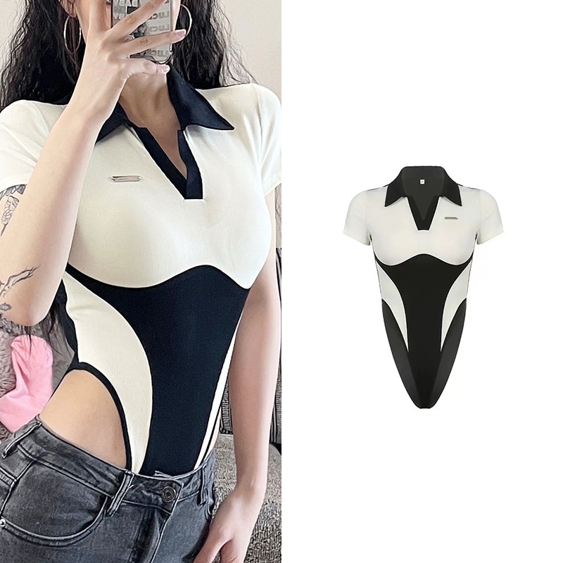 Áo Liền Quần Cổ POLO Tay Ngắn Màu Trắng Đen Phong Cách Cổ Điển Thời Trang Mùa Hè Quyến Rũ Cho Nữ