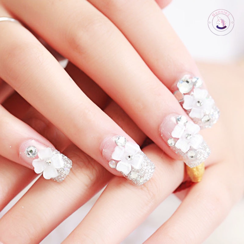 Set 24 móng tay giả họa tiết hoa 3D xinh xắn kèm keo dán dành cho cô dâu
