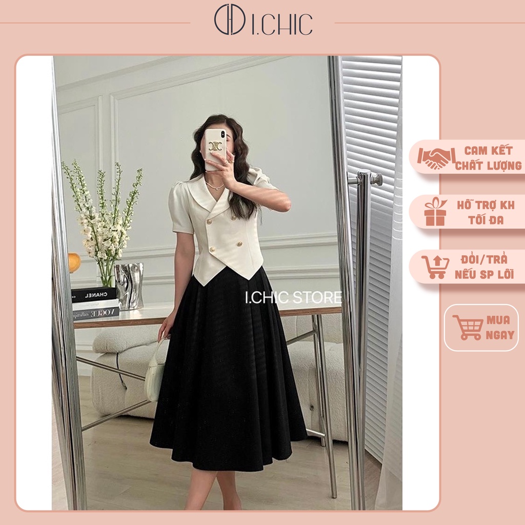 I.CHIC - Chân váy CV003 xòe dài qua gối công sở mới lưng cao che bụng cực đẹp