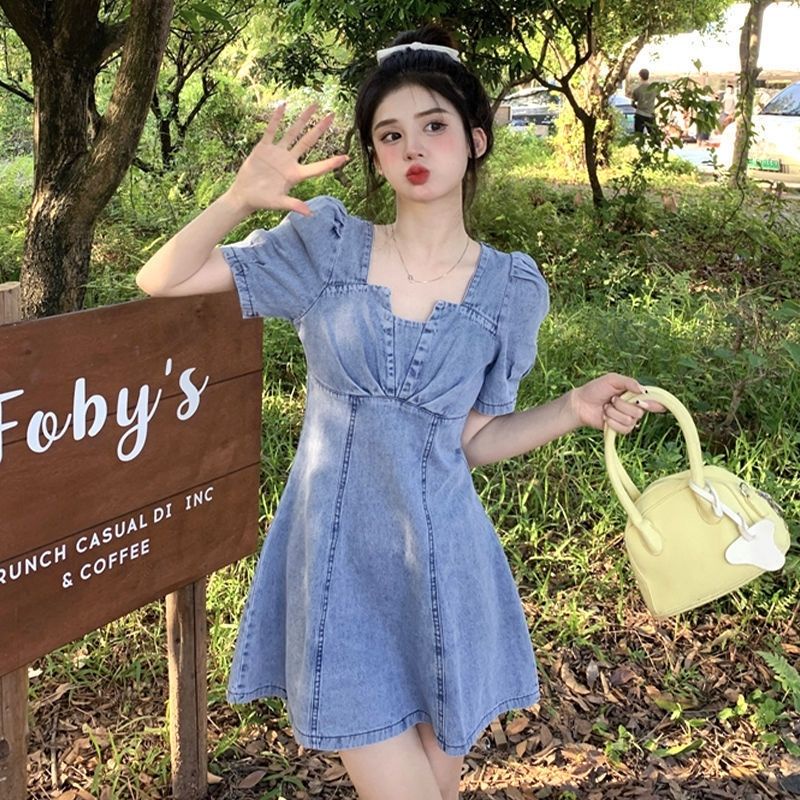 Váy denim tay phồng thiết kế thời trang phong cách Pháp cho nữ