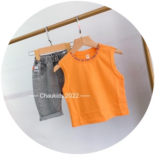 Set áo cổ bo chữ quần jean bé trai