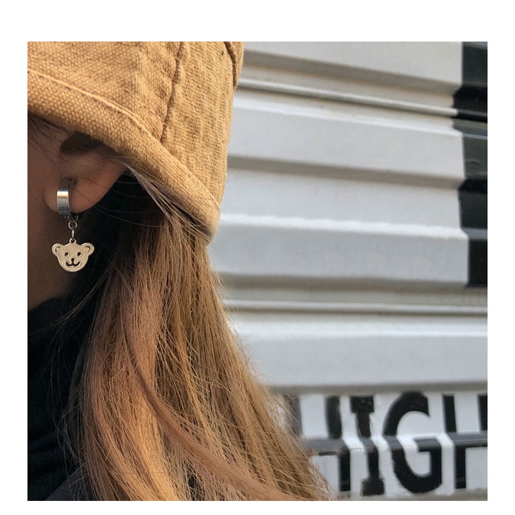 Khuyên Tai Hình Tròn Họa Tiết Gấu Phong Cách Hiphop Thời Trang