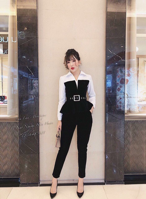 Sét áo phối sơ mi peplum + quần lửng+ dây nịt và ảnh thật