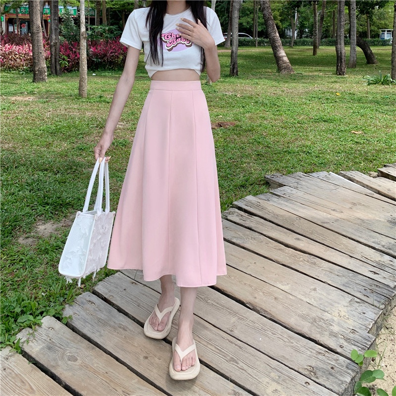 Chân váy IELGY dài vừa lưng cao màu trơn dáng chữ A thời trang cho nữ