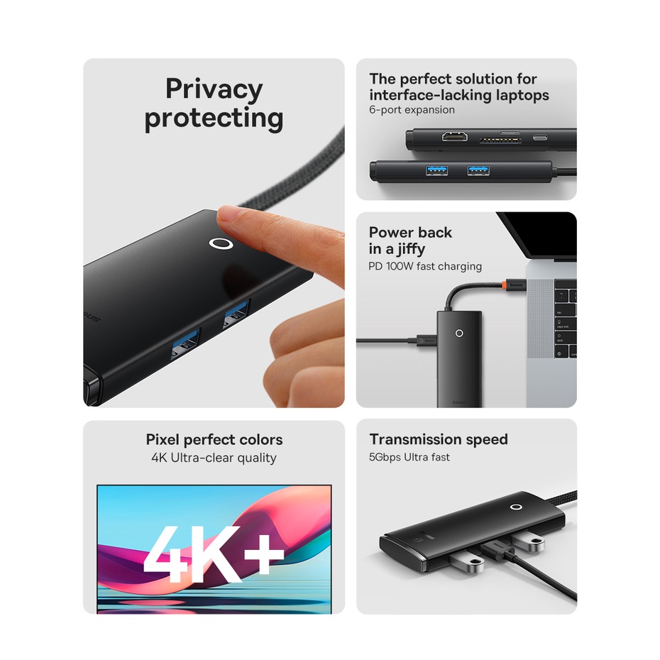 Đế Sạc Baseus Chuyển Đổi USB C Hub Sang 4K HDMI USB 3.0 PD 100W Cho Macbook Pro Air M1 Laptop Type C USBC Hub