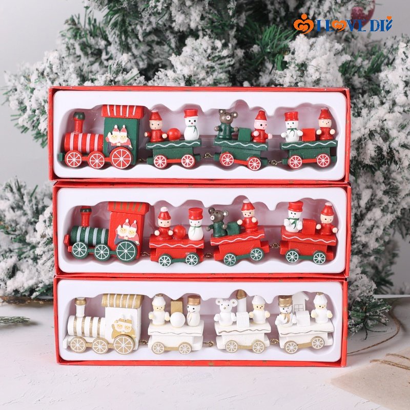 Đồ Chơi Tàu Lửa / Người Tuyết 4 Phần Bằng Gỗ Mini Nhiều Màu Sắc Trang Trí Giáng Sinh