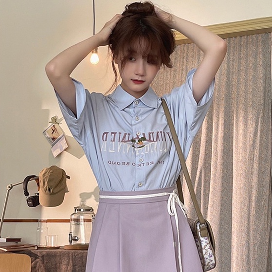 【ZHELIHANGFEI】Áo Sơ Mi Cotton Nguyên Chất Dáng Rộng Cổ POLO Họa Tiết Thêu Kiểu Retro Dễ Phối Đồ