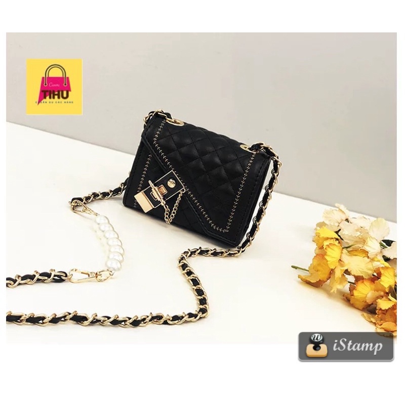 Túi Xách Nữ, túi da chần trám quai xích mix ngọc đeo chéo đi chơi, đẹp, cao cấp