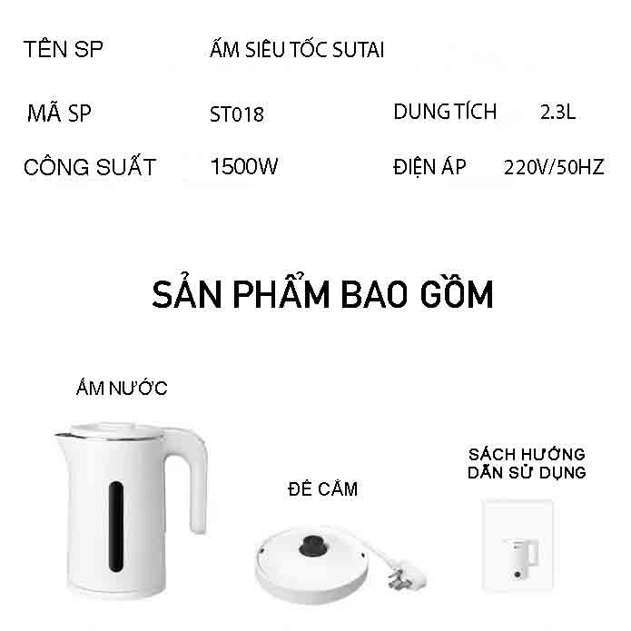 Ấm Siêu Tốc INOX 3 Lớp SUTAI - 2.3L - chất liệu Inox 304, sôi nhanh T2 [Bảo Hành 3 Tháng] | BigBuy360 - bigbuy360.vn