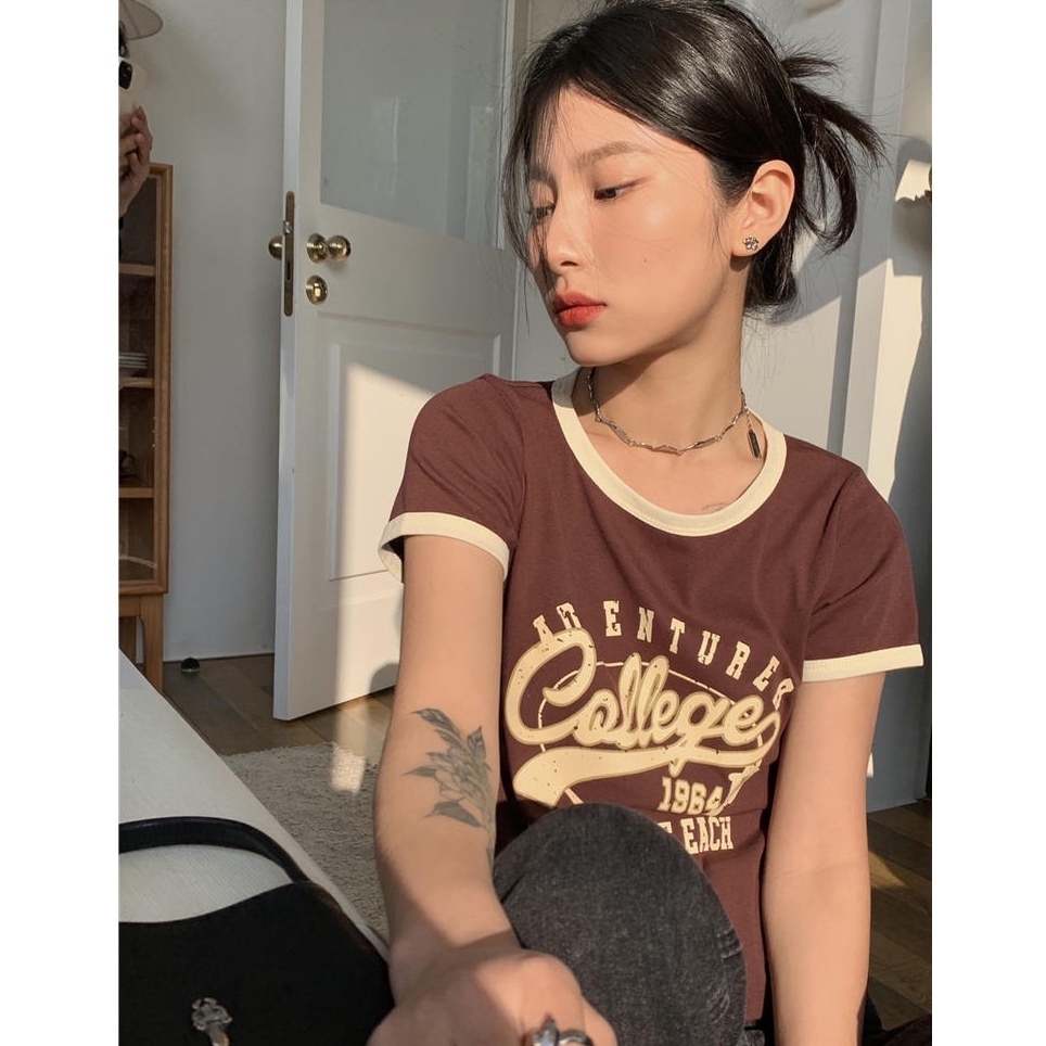 Áo Thun Tay Ngắn Dáng Ôm In Chữ Phong Cách Cổ Điển Thời Trang Mới 49810