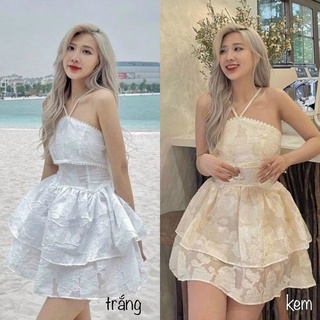 Đầm tầng hoa nổi dây cổ yếm