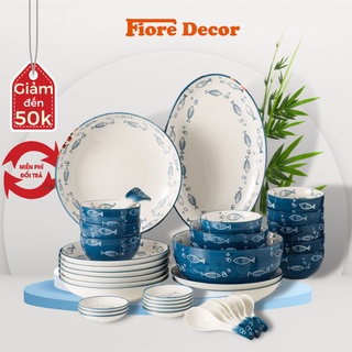 Bộ bát đĩa sứ gồm vá, đĩa và bát họa tiết cá xanh Fiore