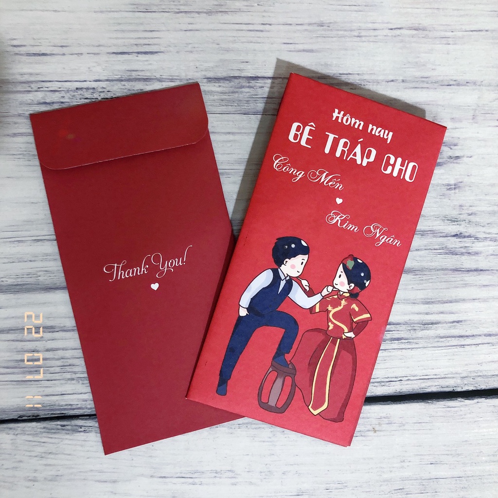 Lì xì đám cưới đỏ in tên theo yêu cầu - Lì xi bưng tráp đỏ in tên - Lì xì trao duyên đỏ in tên
