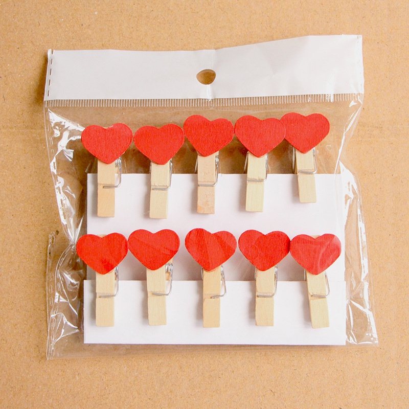 Bộ 10 Kẹp Ảnh Gỗ Hình Trái Tim Màu Hồng