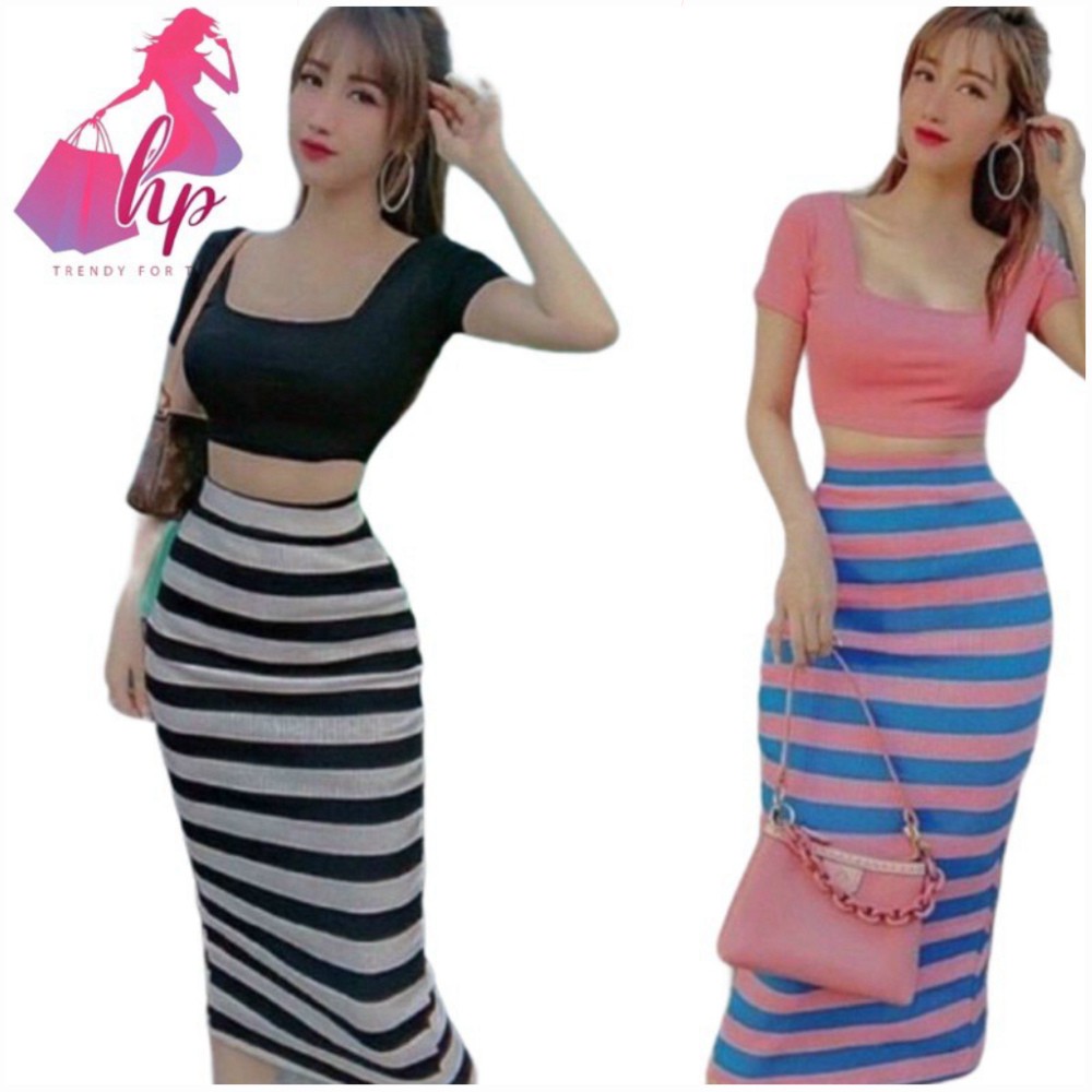 Set đồ nữ áo croptop ngắn tay cổ U kèm váy dài ôm body thun xịn mịn mẫu mới sang chảnh 2021 trend hàn quốc [Hoàn Xu]
