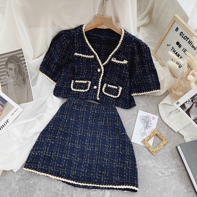 SET CROPTOP SƠ MI DẠ VIỀN 2 TÚI + CHÂN VÁY
