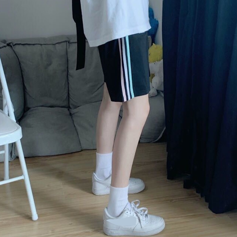 Quần Short Thể Thao Lưng Cao Ống Rộng 3 Sọc Màu Sắc Tương Phản Thời Trang Mùa Hè Cho Nữ