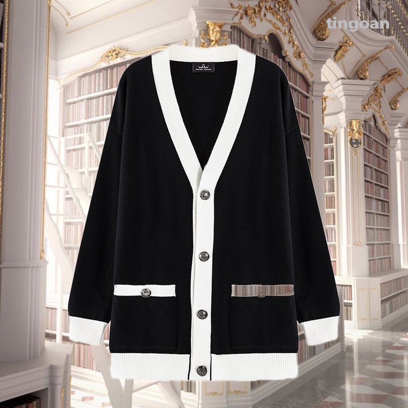 [Mã WABRTN02 giảm 10% ]Áo khoác len cardigan đen viền trắng tingoan SWEETEST CARDIGAN/BL FREESIZE | BigBuy360 - bigbuy360.vn