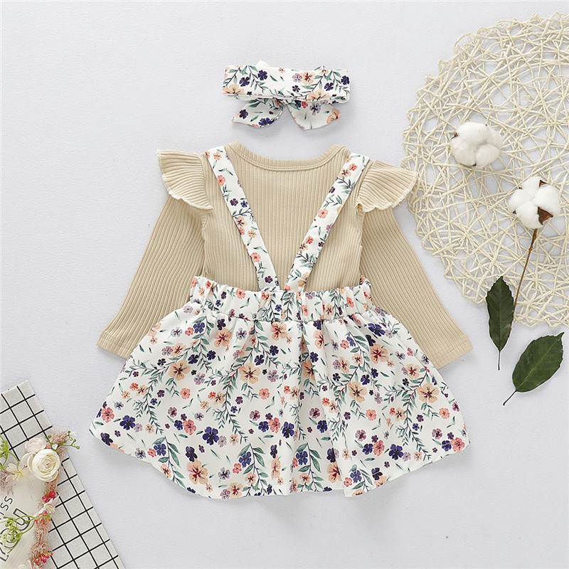 Set romper tay dài + đầm yếm + băng đô Mikrdoo thiết kế dễ thương đáng yêu dành cho bé gái