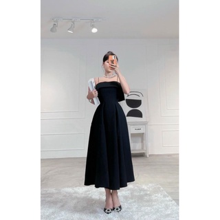 ĐẦM MIDI ĐEN 2 DÂY XẾP LI XOÈ CÚP NGỰC