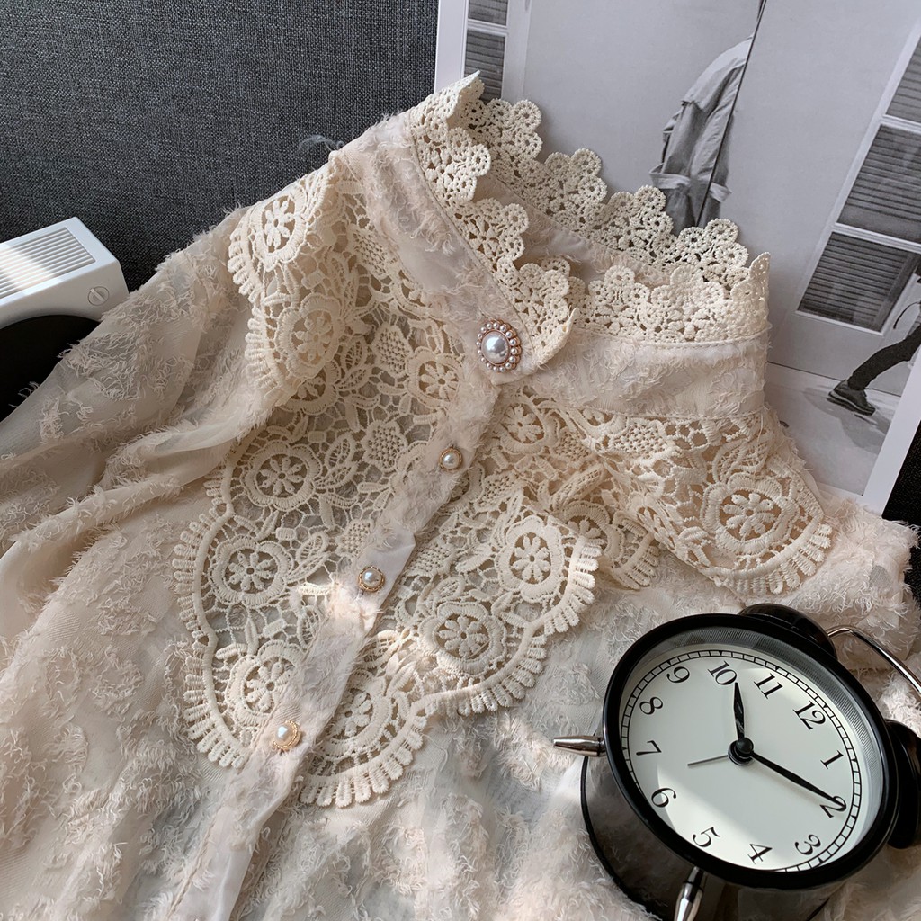 Áo sơ mi nữ dài tay phối ren họa tiết hoa văn vintage điệu đà sang trọng kiểu Pháp
