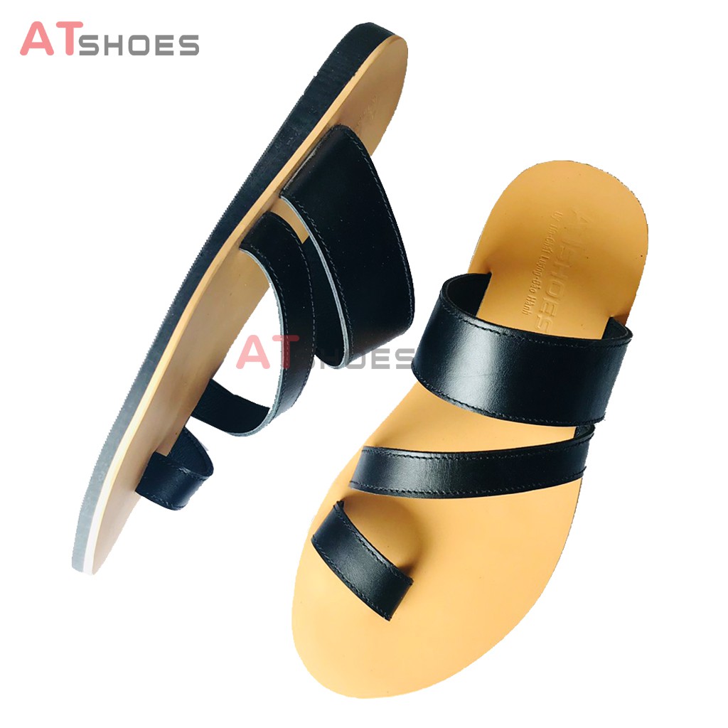 Dép Sandal Dép Xỏ Ngón Da Bò Thật Sandal Xỏ Ngón Nam Nữ Trẻ Trung Đế Caosu Chống Nước XNSG22 (Đen - Đen đế vàng)