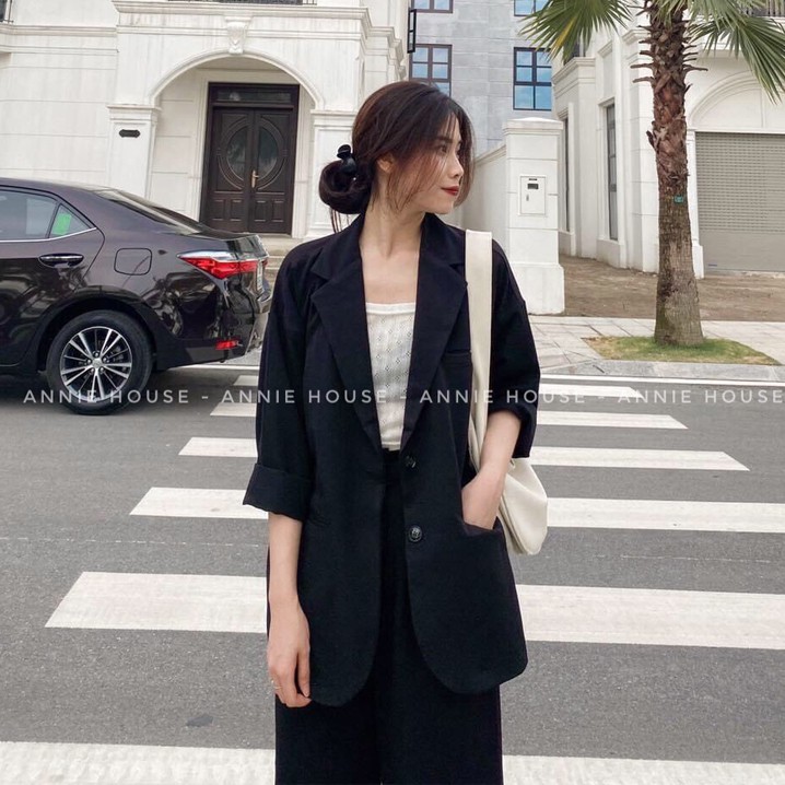 Áo blazer nữ phom suông (ảnh thật) 4 màu Đen Trắng Tím Be vải cao cấp xuất dư | BigBuy360 - bigbuy360.vn