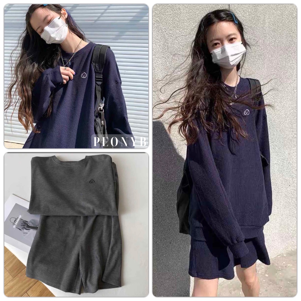 Bộ Tổ Ong Dài Tay Thêu Mặt Cười PEONYB Unisex [FREESHIP] Set quần sooc kèm áo thun dài tay form rộng kiểu dáng hàn quốc