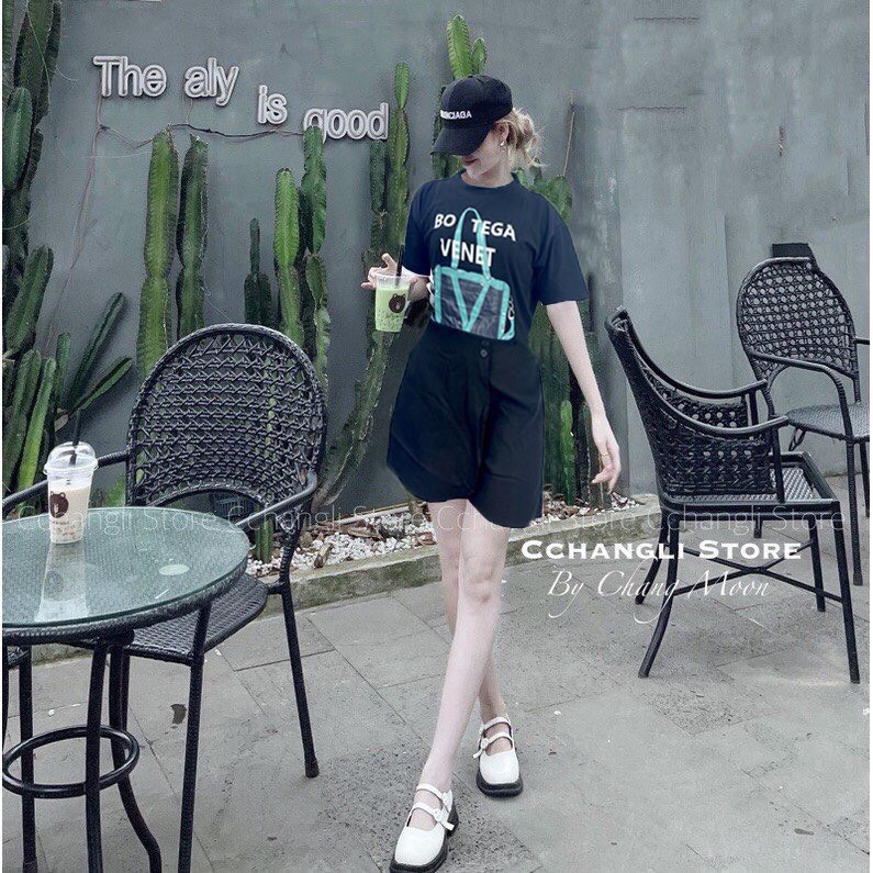 Set áo phông túi mix quần sooc vạt chéo Áo cotton tàu mềm đẹp, hình ép 5D nét căng Quần sooc kaki vạt chéo giả váy, chun