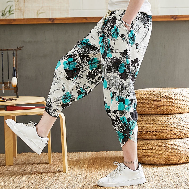 Quần Harem Cotton Lanh Ống Rộng Phong Cách Thời Trang Hàn Quốc Cho Nam Giới