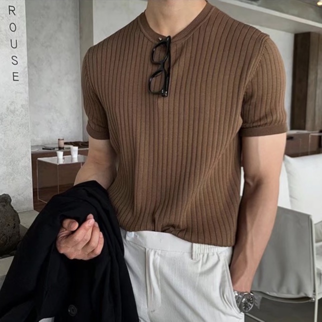 Áo Sơ Mi Tay Ngắn Họa Tiết Sọc Thời Trang Sành Điệu Cho Nam phong cách Hàn Quốc Simple Fanshion đan len áo phông form rộng