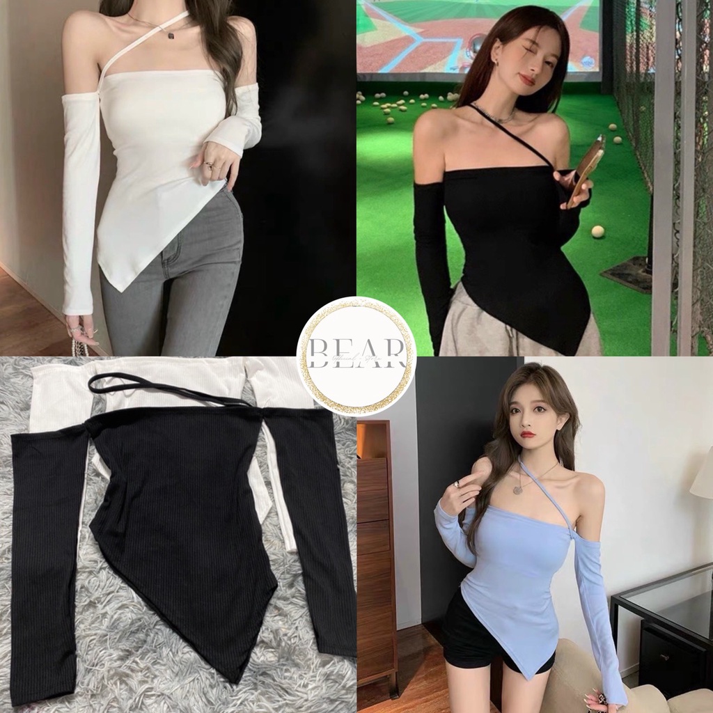 Áo kiểu nữ phối dây chéo thun gân 4 chiều tay dài tà nhọn - AK0079 | bear.story
