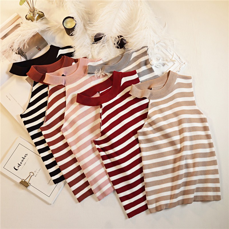 #4186  Áo dệt kim không tay họa tiết kẻ sọc thời trang cho nữ | BigBuy360 - bigbuy360.vn