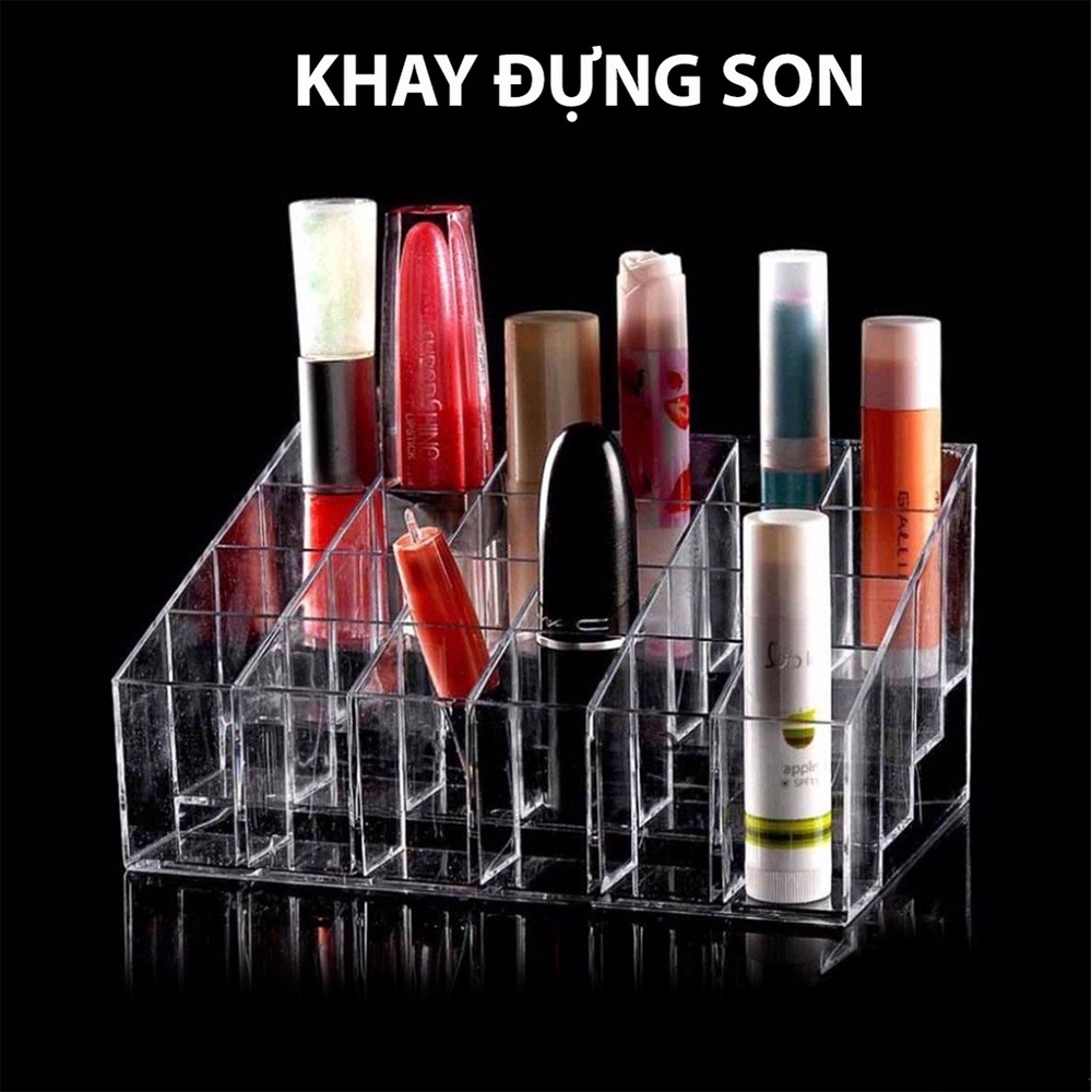 Khay Kệ Kiểu Hộp Đựng Son 24 Ô Chứa Được Mỹ Phẩm Nhỏ Cùng Cọ Trang Điểm Chất Liệu Mica Trong Suốt
