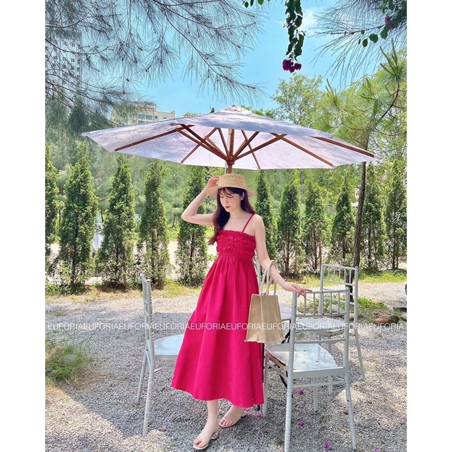 HOT🔥  Đầm Maxi Hai Dây Dáng Xoè Có Chun Ngực Kết Hợp Dây Đan Nơ Phía Sau Rất Thích Hợp Đi Biển