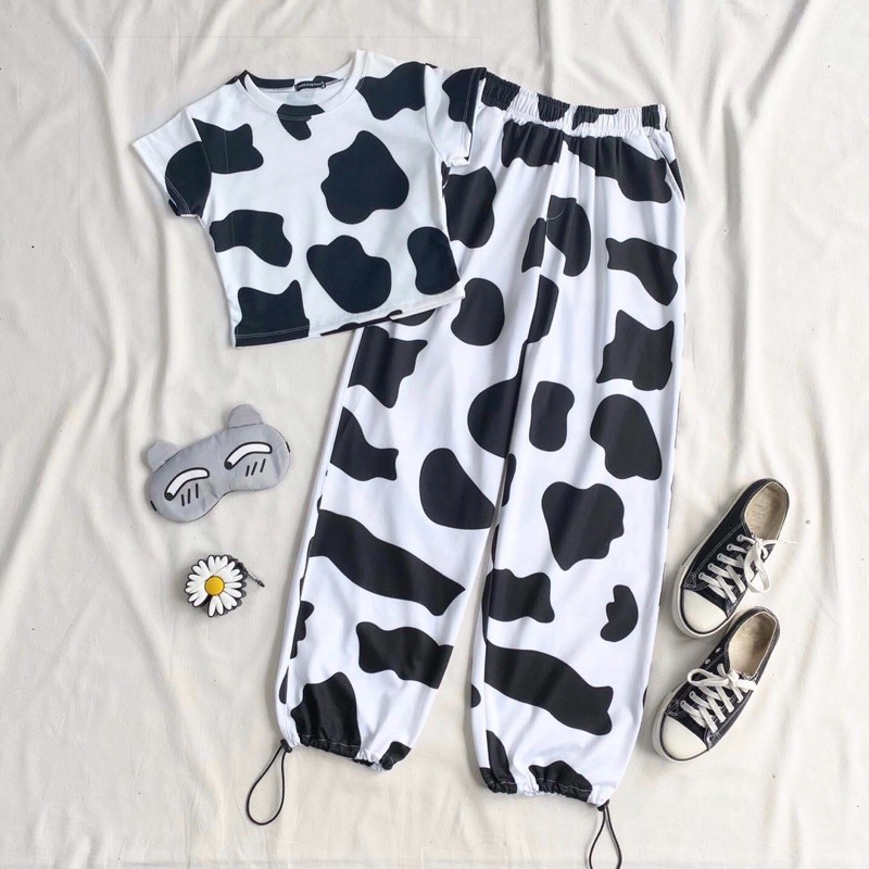 Set áo croptop bò sữa +long pant line - Set croptop quần suông dây rút